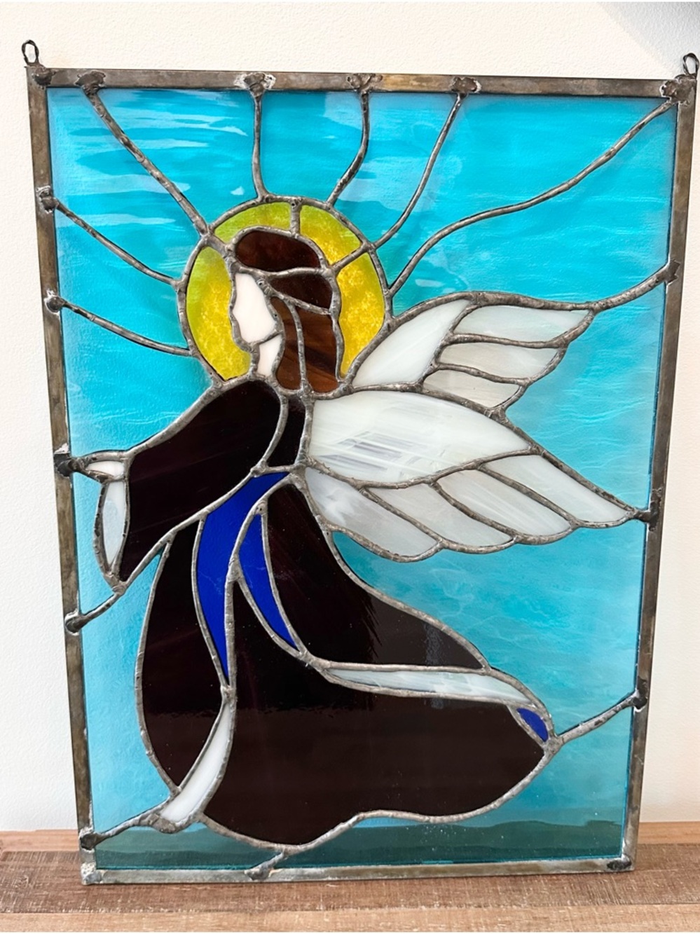 Stained Glass Angel Window Panel in Burgundy, White, Blue, Yellow 19 x 14 inches - Picture 2 of 14